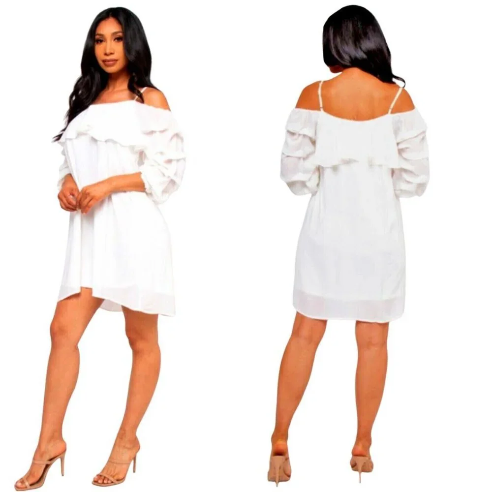 NEW MINI DRESS Sizes S-M &L WHITE RUFFLE SLEEVES - Picture 1 of 4